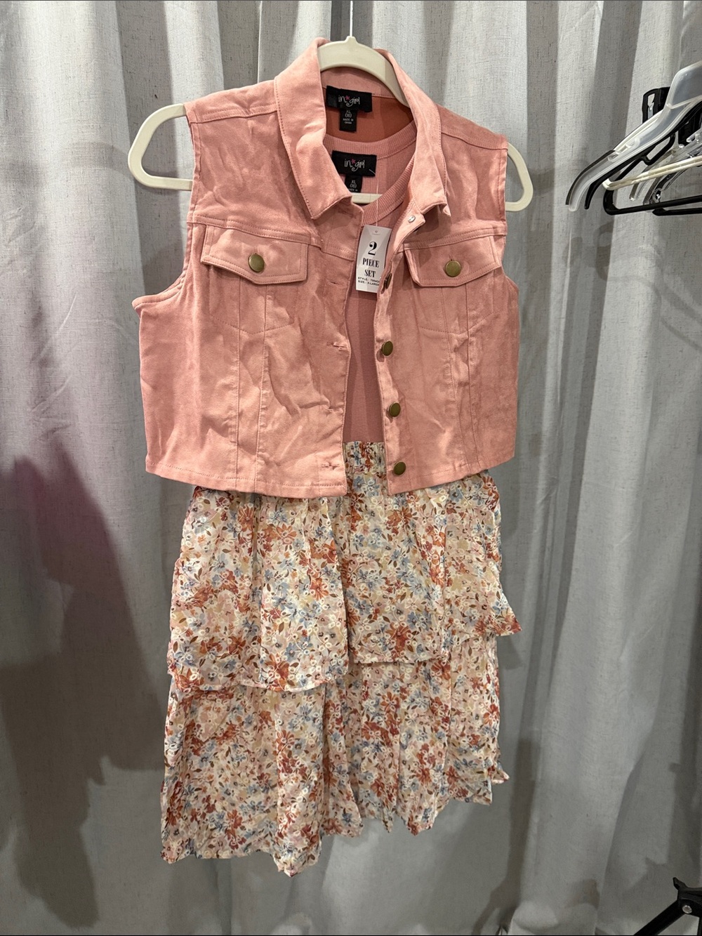 Children's Pink Denim Vest with Floral Tiered Dress Set